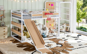 English Elm Twin Metal Loft Bed with Slide Climbing Wall Basketball Hoop and Built-In Shelves Full Antique White and Yellow W1580S00699