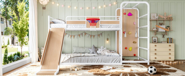 English Elm Twin Metal Loft Bed with Slide Climbing Wall Basketball Hoop and Built-In Shelves Full Antique White and Yellow W1580S00699