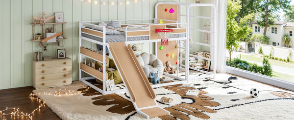 English Elm Twin Metal Loft Bed with Slide Climbing Wall Basketball Hoop and Built-In Shelves Full Antique White and Yellow W1580S00699