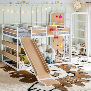 English Elm Twin Metal Loft Bed with Slide Climbing Wall Basketball Hoop and Built-In Shelves Full Antique White and Yellow W1580S00699
