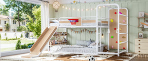 English Elm Twin Metal Loft Bed with Slide Climbing Wall Basketball Hoop and Built-In Shelves Full Antique White and Yellow W1580S00699