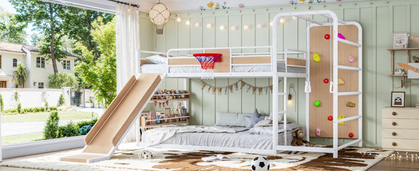 English Elm Twin Metal Loft Bed with Slide Climbing Wall Basketball Hoop and Built-In Shelves Full Antique White and Yellow W1580S00699