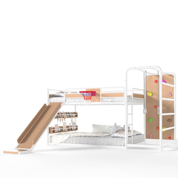 English Elm Twin Metal Loft Bed with Slide Climbing Wall Basketball Hoop and Built-In Shelves Full Antique White and Yellow W1580S00699