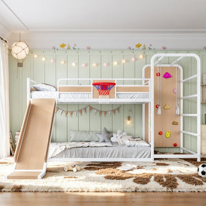 English Elm Twin Metal Loft Bed with Slide Climbing Wall Basketball Hoop and Built-In Shelves Full Antique White and Yellow W1580S00699