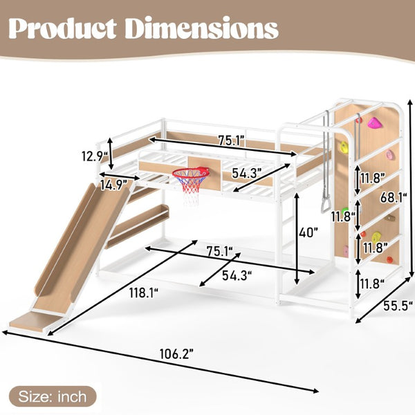 English Elm Twin Metal Loft Bed with Slide Climbing Wall Basketball Hoop and Built-In Shelves Full Antique White and Yellow W1580S00699