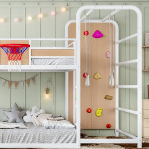 English Elm Twin Metal Loft Bed with Slide Climbing Wall Basketball Hoop and Built-In Shelves Full Antique White and Yellow W1580S00699