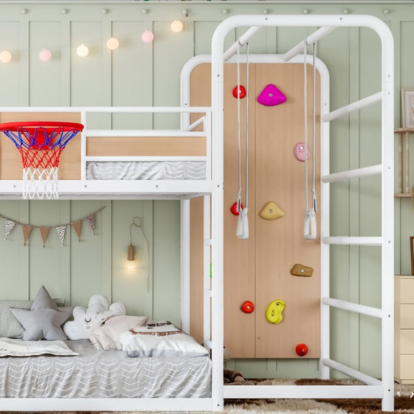 English Elm Twin Metal Loft Bed with Slide Climbing Wall Basketball Hoop and Built-In Shelves Full Antique White and Yellow W1580S00699