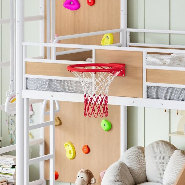 English Elm Twin Metal Loft Bed with Slide Climbing Wall Basketball Hoop and Built-In Shelves Full Antique White and Yellow W1580S00699