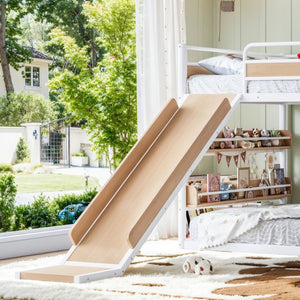 English Elm Twin Metal Loft Bed with Slide Climbing Wall Basketball Hoop and Built-In Shelves Full Antique White and Yellow W1580S00699