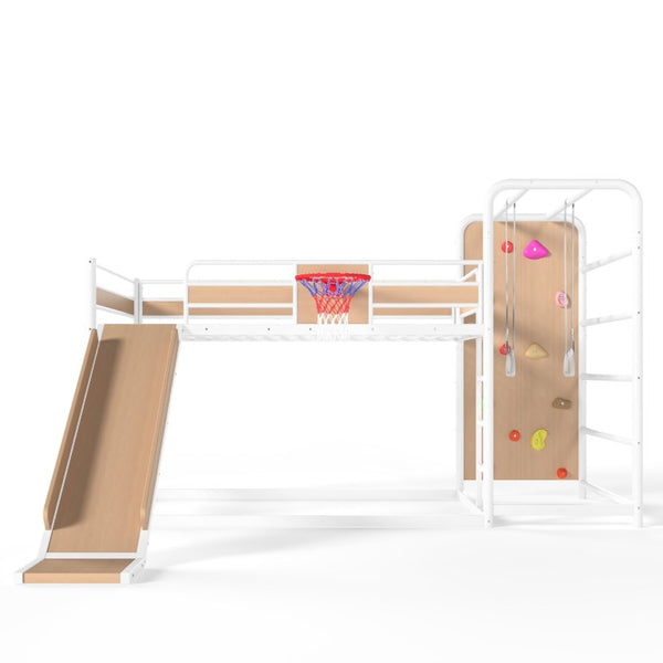 English Elm Twin Metal Loft Bed with Slide Climbing Wall Basketball Hoop and Built-In Shelves Full Antique White and Yellow W1580S00699