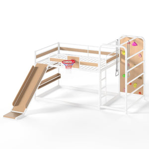English Elm Twin Metal Loft Bed with Slide Climbing Wall Basketball Hoop and Built-In Shelves Full Antique White and Yellow W1580S00699
