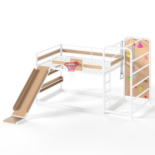 English Elm Twin Metal Loft Bed with Slide Climbing Wall Basketball Hoop and Built-In Shelves Full Antique White and Yellow W1580S00699