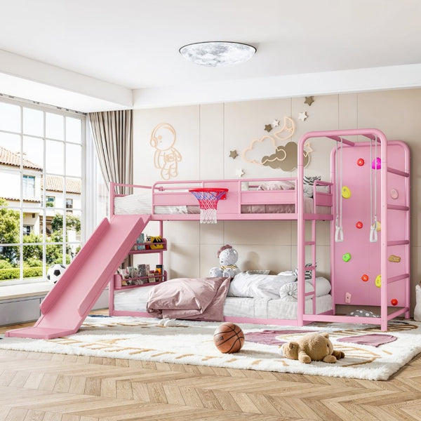 English Elm Twin Metal Loft Bed with Slide Climbing Wall Basketball Hoop and Built-In Shelves Twin Pink W1580S00701