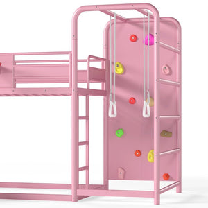 English Elm Twin Metal Loft Bed with Slide Climbing Wall Basketball Hoop and Built-In Shelves Twin Pink W1580S00701