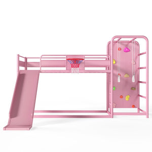 English Elm Twin Metal Loft Bed with Slide Climbing Wall Basketball Hoop and Built-In Shelves Twin Pink W1580S00701