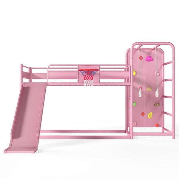 English Elm Twin Metal Loft Bed with Slide Climbing Wall Basketball Hoop and Built-In Shelves Twin Pink W1580S00701