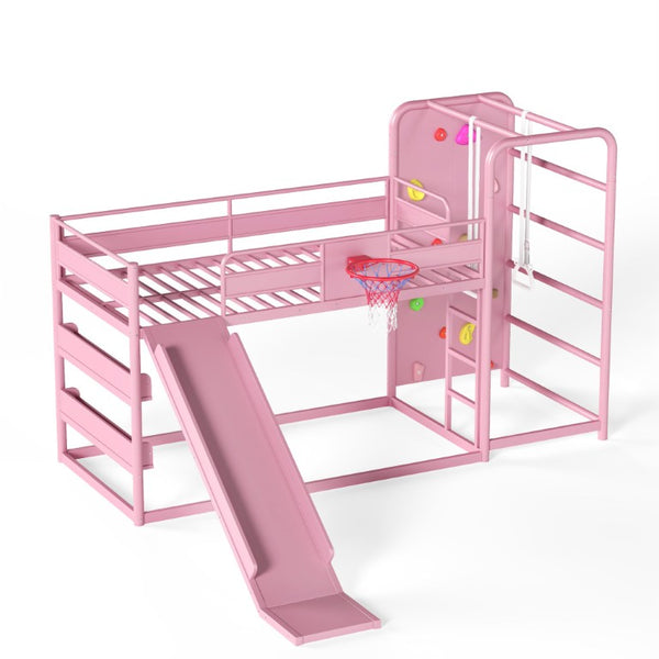 English Elm Twin Metal Loft Bed with Slide Climbing Wall Basketball Hoop and Built-In Shelves Twin Pink W1580S00701