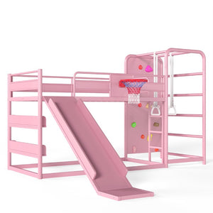 English Elm Twin Metal Loft Bed with Slide Climbing Wall Basketball Hoop and Built-In Shelves Twin Pink W1580S00701