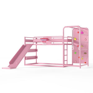 English Elm Twin Metal Loft Bed with Slide Climbing Wall Basketball Hoop and Built-In Shelves Twin Pink W1580S00701