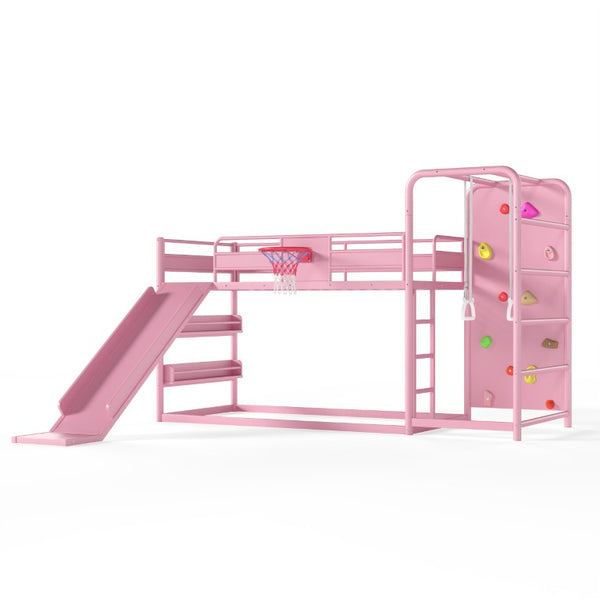 English Elm Twin Metal Loft Bed with Slide Climbing Wall Basketball Hoop and Built-In Shelves Twin Pink W1580S00701