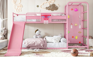 English Elm Twin Metal Loft Bed with Slide Climbing Wall Basketball Hoop and Built-In Shelves Twin Pink W1580S00701