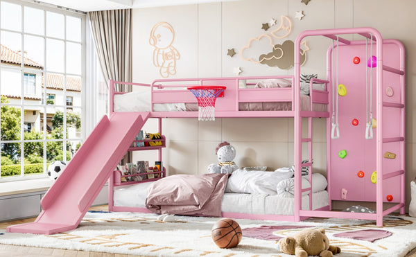English Elm Twin Metal Loft Bed with Slide Climbing Wall Basketball Hoop and Built-In Shelves Twin Pink W1580S00701