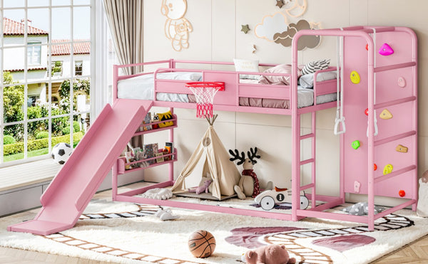 English Elm Twin Metal Loft Bed with Slide Climbing Wall Basketball Hoop and Built-In Shelves Twin Pink W1580S00701