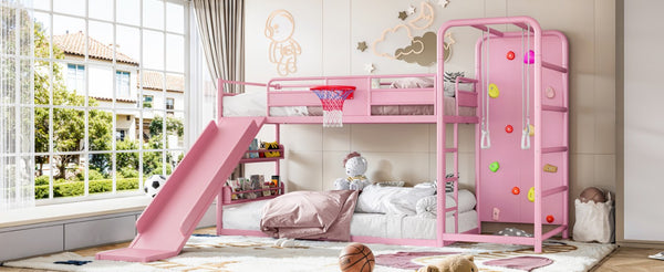 English Elm Twin Metal Loft Bed with Slide Climbing Wall Basketball Hoop and Built-In Shelves Twin Pink W1580S00701