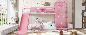 English Elm Twin Metal Loft Bed with Slide Climbing Wall Basketball Hoop and Built-In Shelves Twin Pink W1580S00701