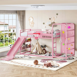 English Elm Twin Metal Loft Bed with Slide Climbing Wall Basketball Hoop and Built-In Shelves Twin Pink W1580S00701