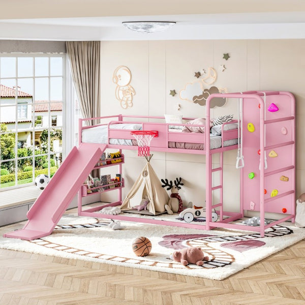 English Elm Twin Metal Loft Bed with Slide Climbing Wall Basketball Hoop and Built-In Shelves Twin Pink W1580S00701