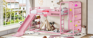 English Elm Twin Metal Loft Bed with Slide Climbing Wall Basketball Hoop and Built-In Shelves Twin Pink W1580S00701