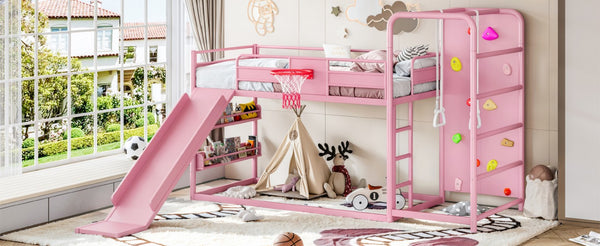 English Elm Twin Metal Loft Bed with Slide Climbing Wall Basketball Hoop and Built-In Shelves Twin Pink W1580S00701