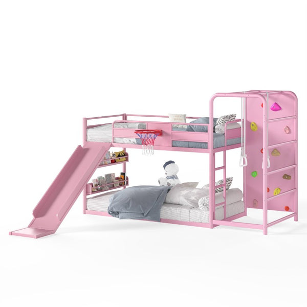 English Elm Twin Metal Loft Bed with Slide Climbing Wall Basketball Hoop and Built-In Shelves Twin Pink W1580S00701