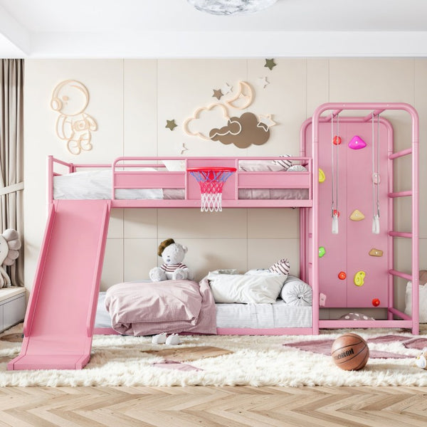 English Elm Twin Metal Loft Bed with Slide Climbing Wall Basketball Hoop and Built-In Shelves Twin Pink W1580S00701