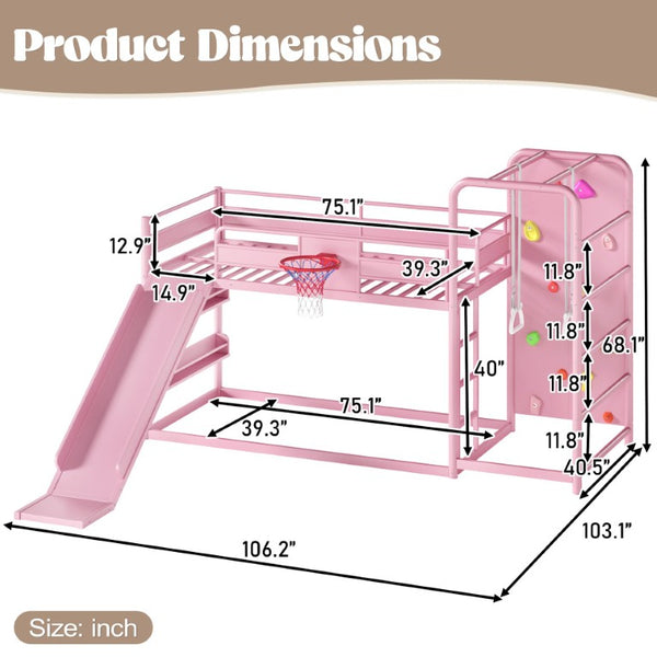 English Elm Twin Metal Loft Bed with Slide Climbing Wall Basketball Hoop and Built-In Shelves Twin Pink W1580S00701