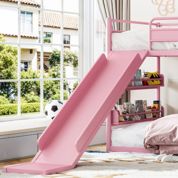 English Elm Twin Metal Loft Bed with Slide Climbing Wall Basketball Hoop and Built-In Shelves Twin Pink W1580S00701