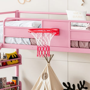 English Elm Twin Metal Loft Bed with Slide Climbing Wall Basketball Hoop and Built-In Shelves Twin Pink W1580S00701