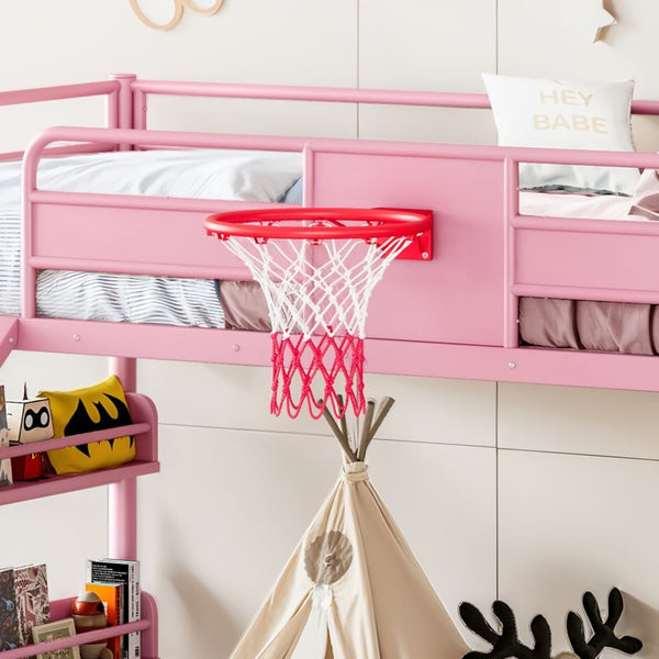 English Elm Twin Metal Loft Bed with Slide Climbing Wall Basketball Hoop and Built-In Shelves Twin Pink W1580S00701