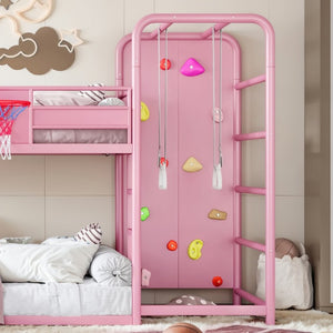 English Elm Twin Metal Loft Bed with Slide Climbing Wall Basketball Hoop and Built-In Shelves Twin Pink W1580S00701