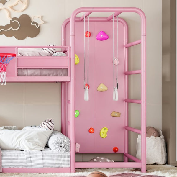 English Elm Twin Metal Loft Bed with Slide Climbing Wall Basketball Hoop and Built-In Shelves Twin Pink W1580S00701