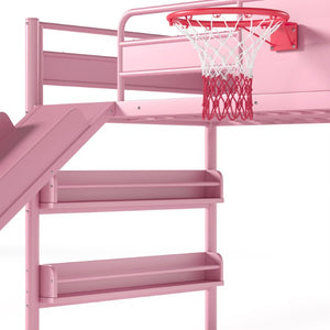 English Elm Twin Metal Loft Bed with Slide Climbing Wall Basketball Hoop and Built-In Shelves Twin Pink W1580S00701