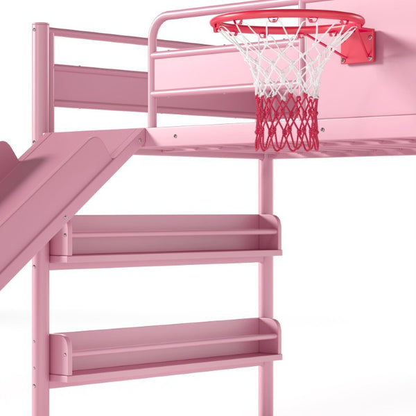 English Elm Twin Metal Loft Bed with Slide Climbing Wall Basketball Hoop and Built-In Shelves Twin Pink W1580S00701