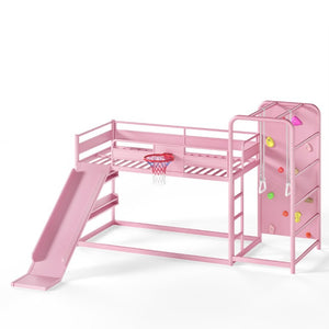 English Elm Twin Metal Loft Bed with Slide Climbing Wall Basketball Hoop and Built-In Shelves Twin Pink W1580S00701