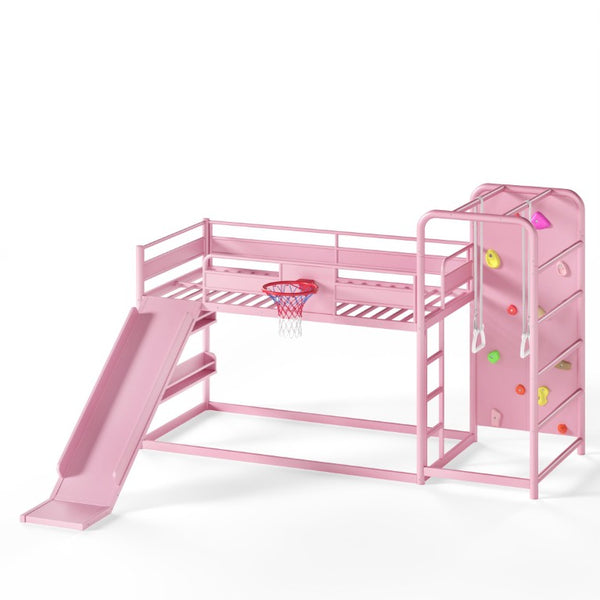 English Elm Twin Metal Loft Bed with Slide Climbing Wall Basketball Hoop and Built-In Shelves Twin Pink W1580S00701