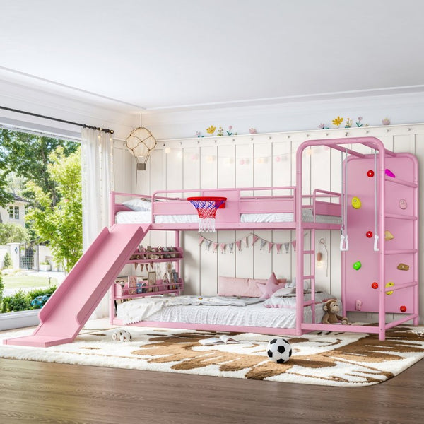 English Elm Full Size Kids Metal Loft Bed with Slide Basketball Hoop Climbing Wall Bookshelves W1580S00702