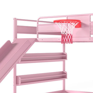 English Elm Full Size Kids Metal Loft Bed with Slide Basketball Hoop Climbing Wall Bookshelves W1580S00702