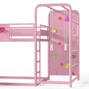 English Elm Full Size Kids Metal Loft Bed with Slide Basketball Hoop Climbing Wall Bookshelves W1580S00702