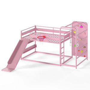 English Elm Full Size Kids Metal Loft Bed with Slide Basketball Hoop Climbing Wall Bookshelves W1580S00702