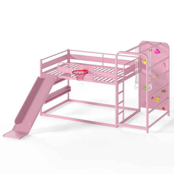 English Elm Full Size Kids Metal Loft Bed with Slide Basketball Hoop Climbing Wall Bookshelves W1580S00702